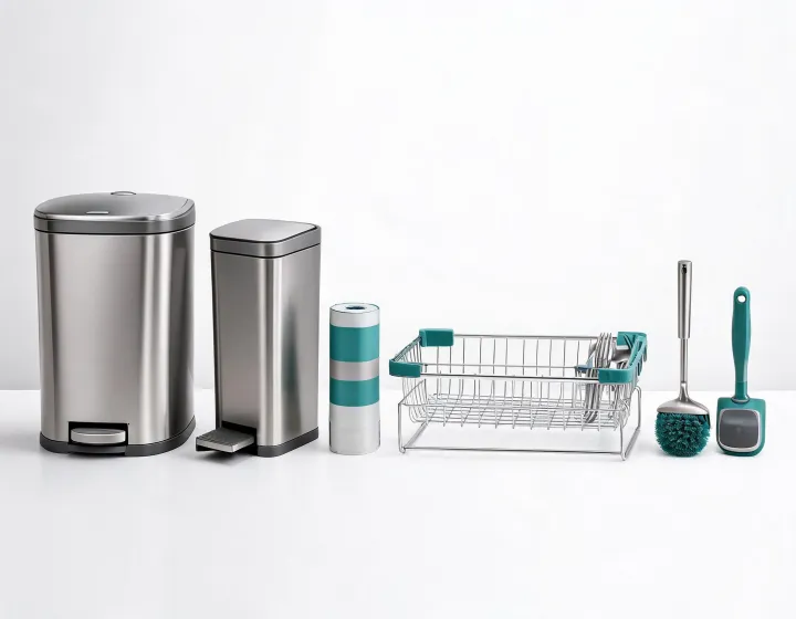 Simplehuman cleaning tools and trash can collection